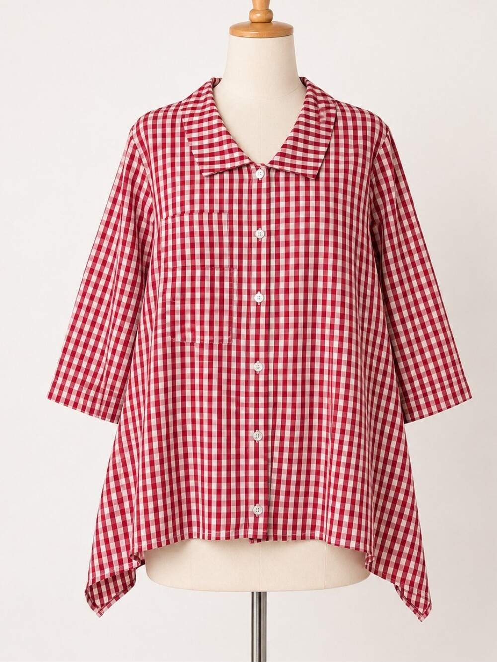 Comfy USA Red Gingham Check Tunic Size XL Lagenlook Blouse Angled Hem 3/4 Sleeve
